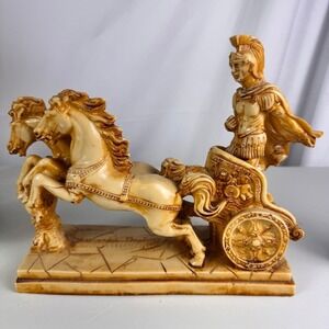 Vintage Italian Roman Chariot Sculpture Centurion Two Horse Resin Statue Italy